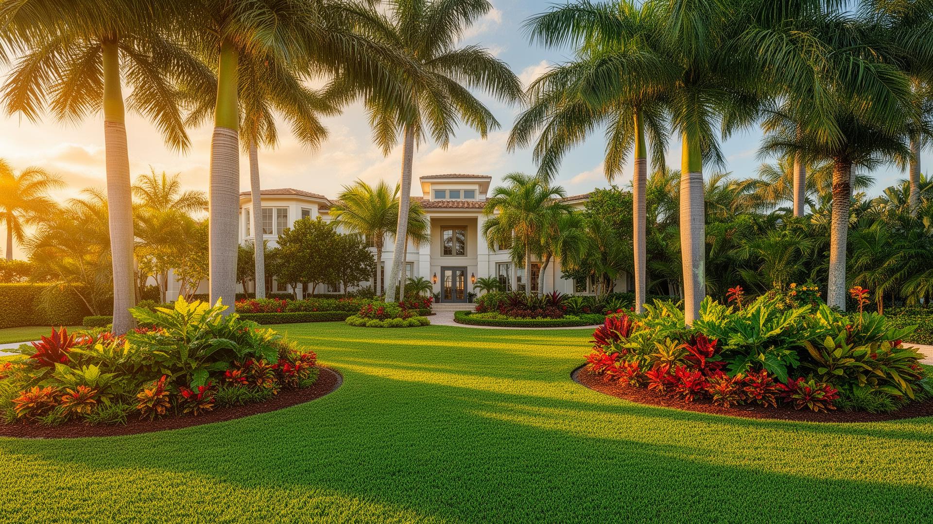 Beautifully landscaped Florida home with lush green lawn and palm trees